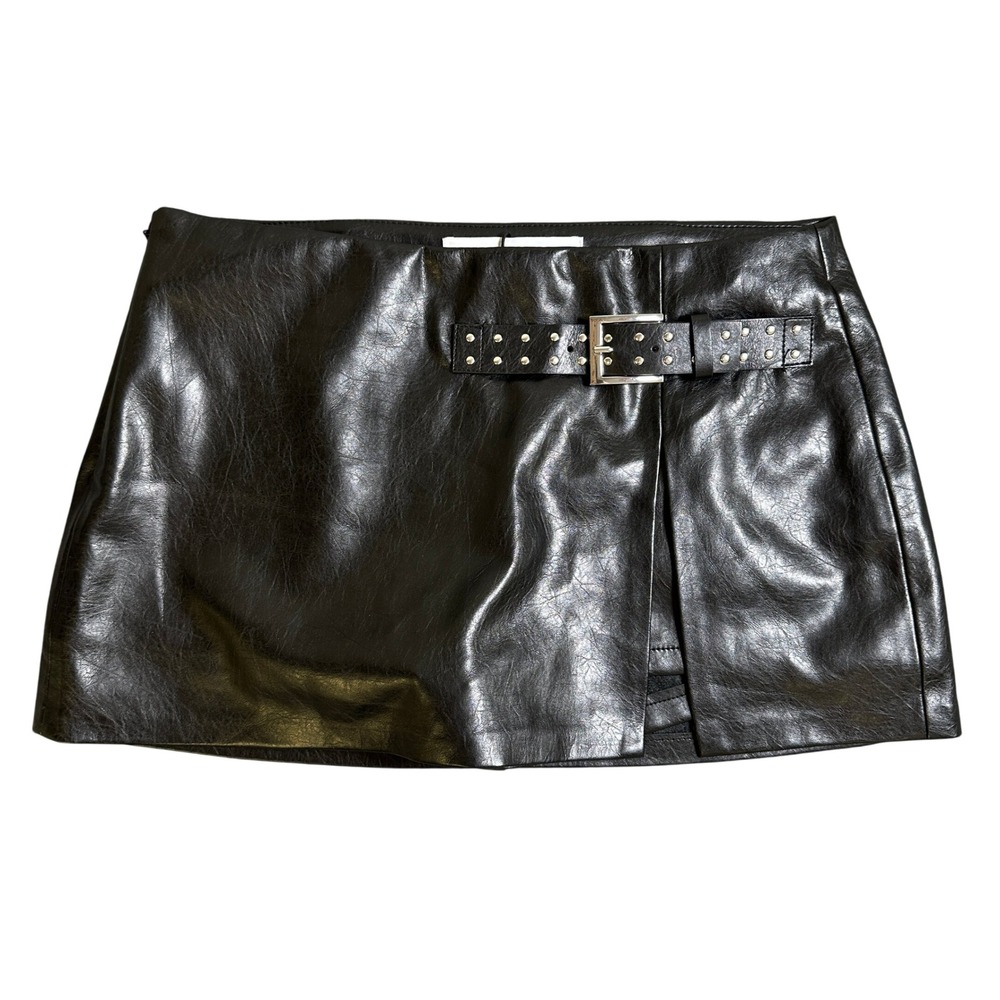 NWT Bershka Black Faux Leather Studded Belted Mini Skort Size M NWT